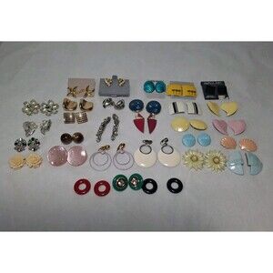 Vintage 28 Pairs 80s 90s Earrings Metal Chunky Statement Clip on Pierced Mix